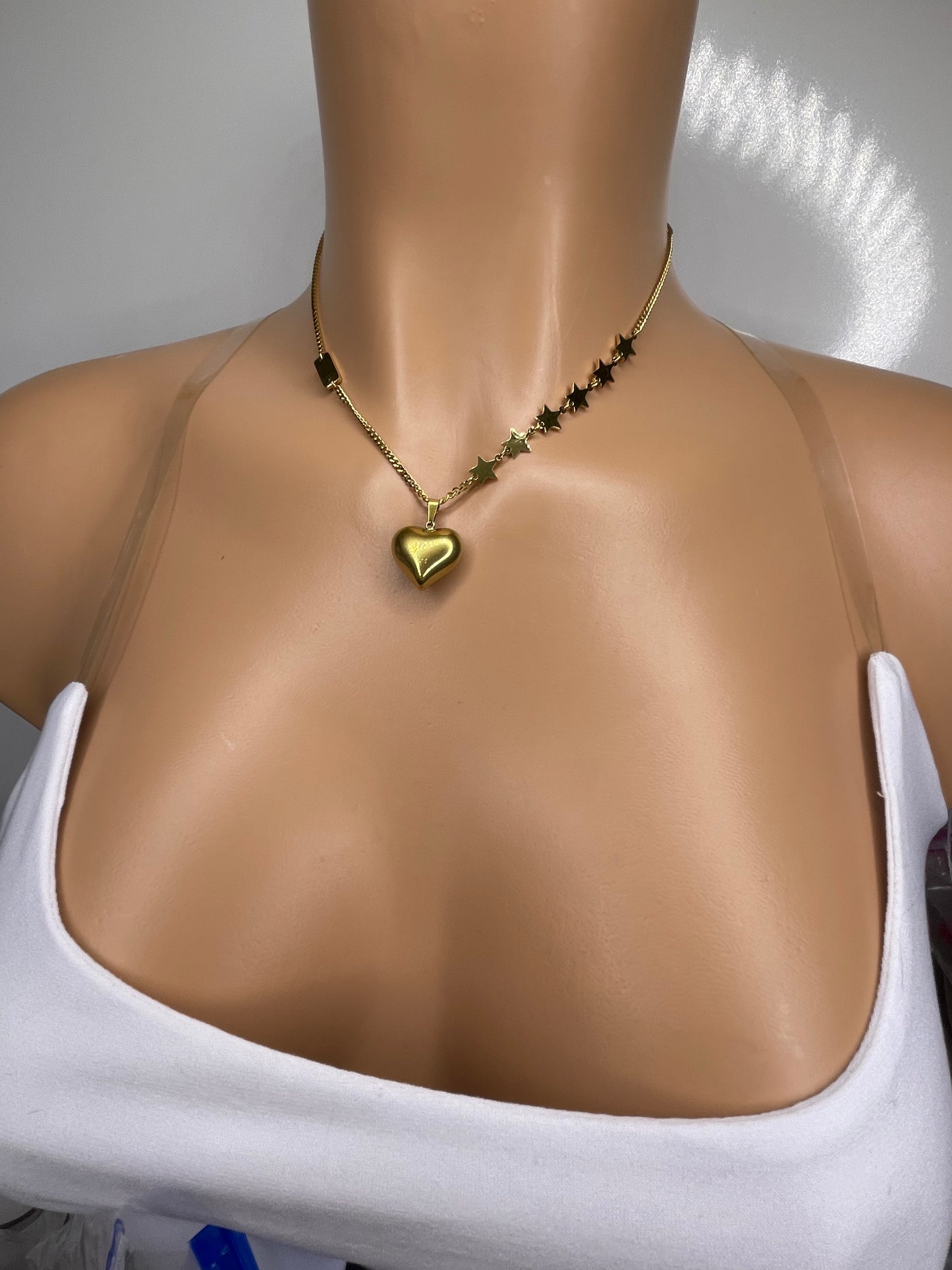 Gold Heart and Stars Necklace Heart, Heart chain
