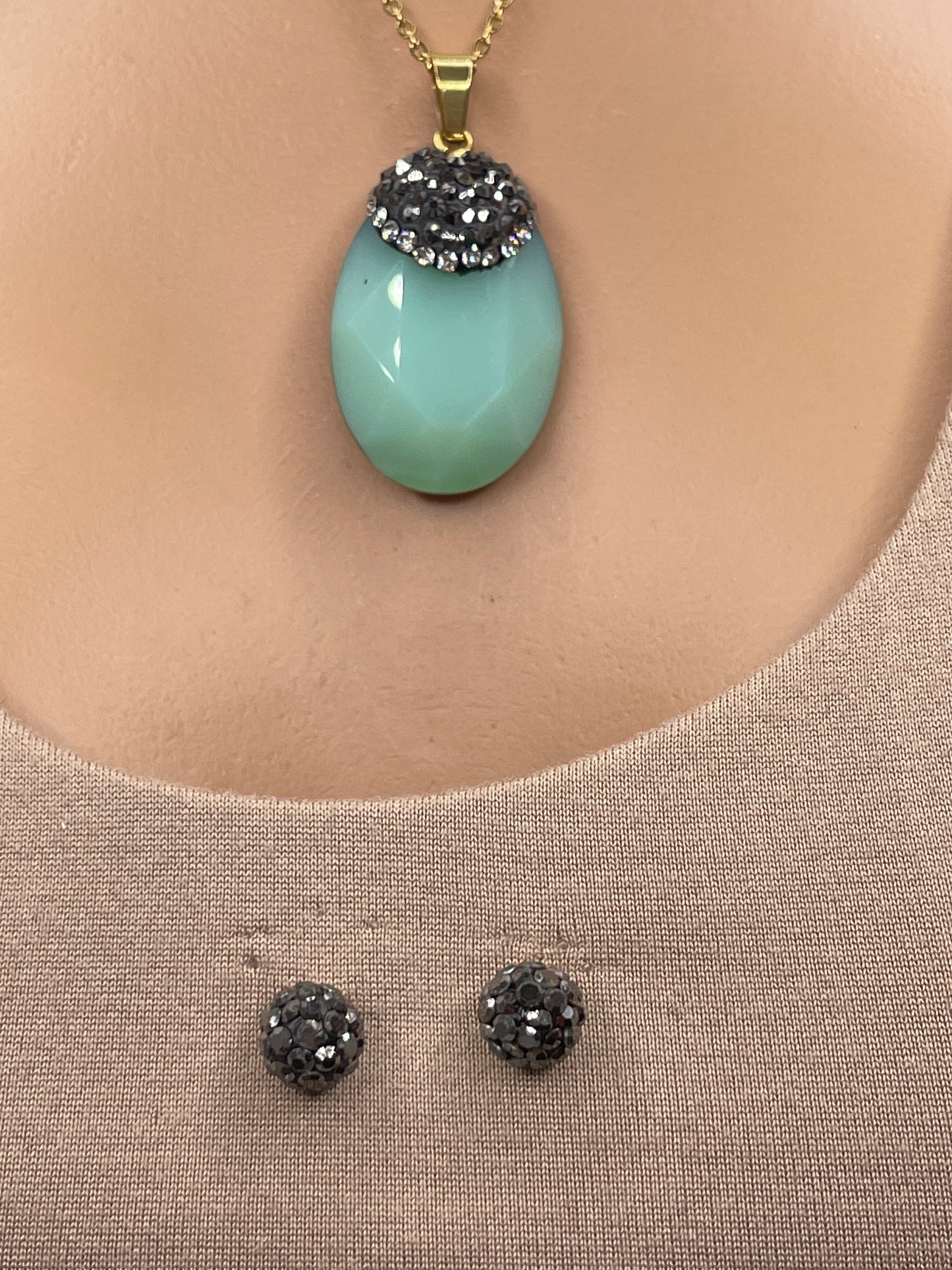 Green Necklace Set with earrings/ Stainless Steel Tarnish free