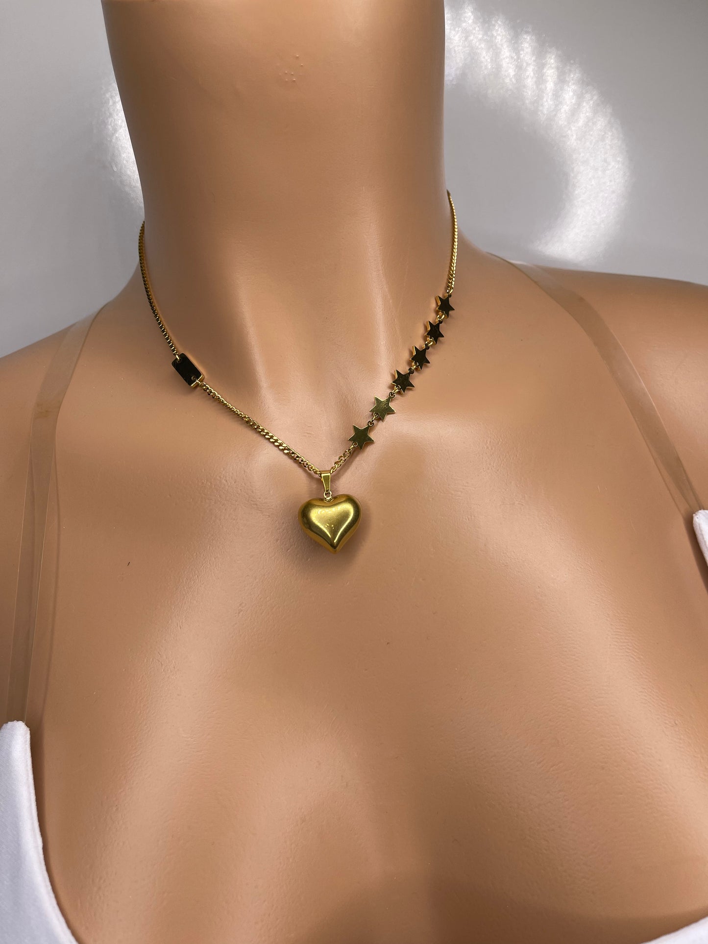 Gold Heart and Stars Necklace Heart, Heart chain