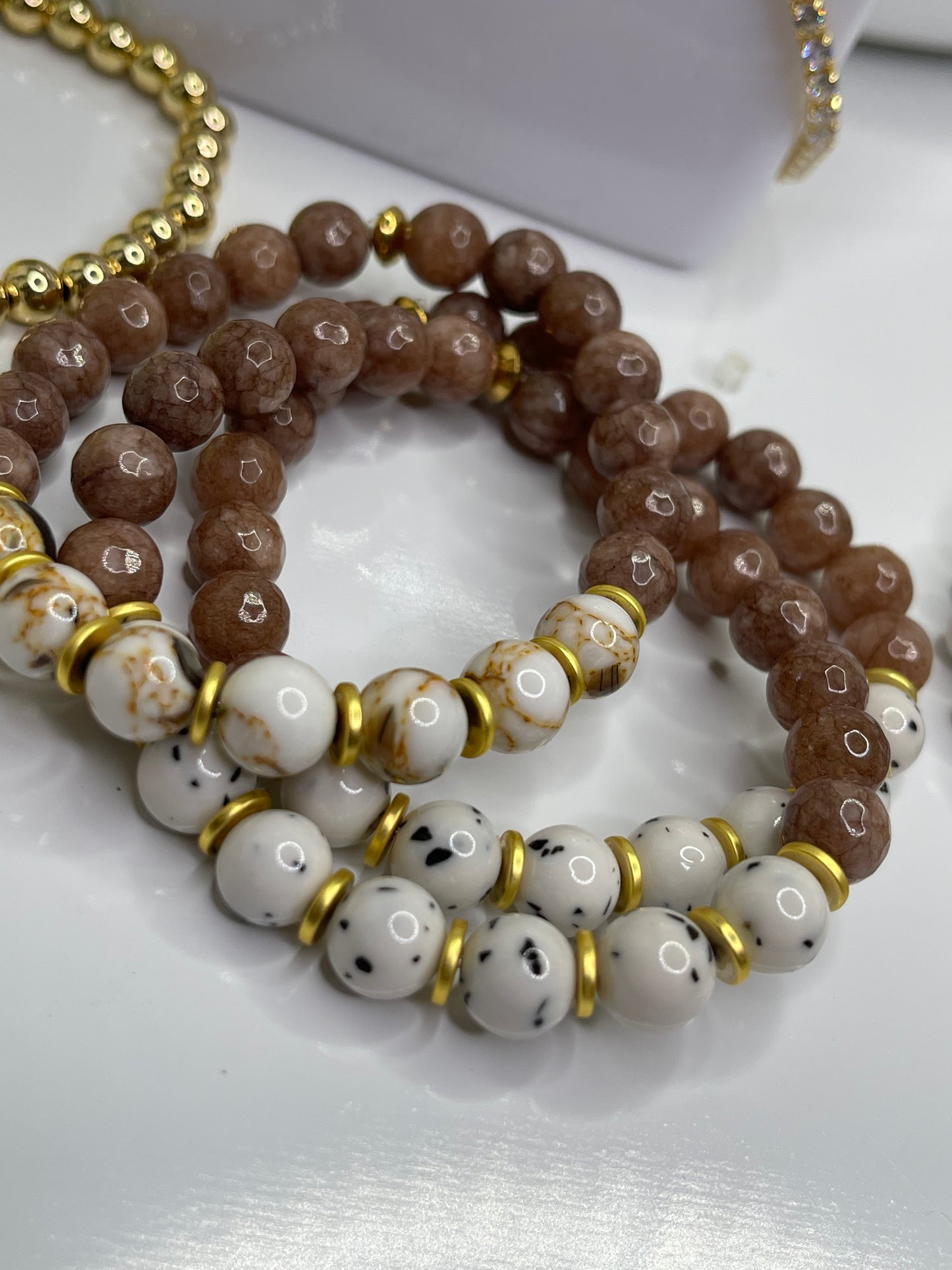 Gold agate beaded bracelet with hematite gold spacers