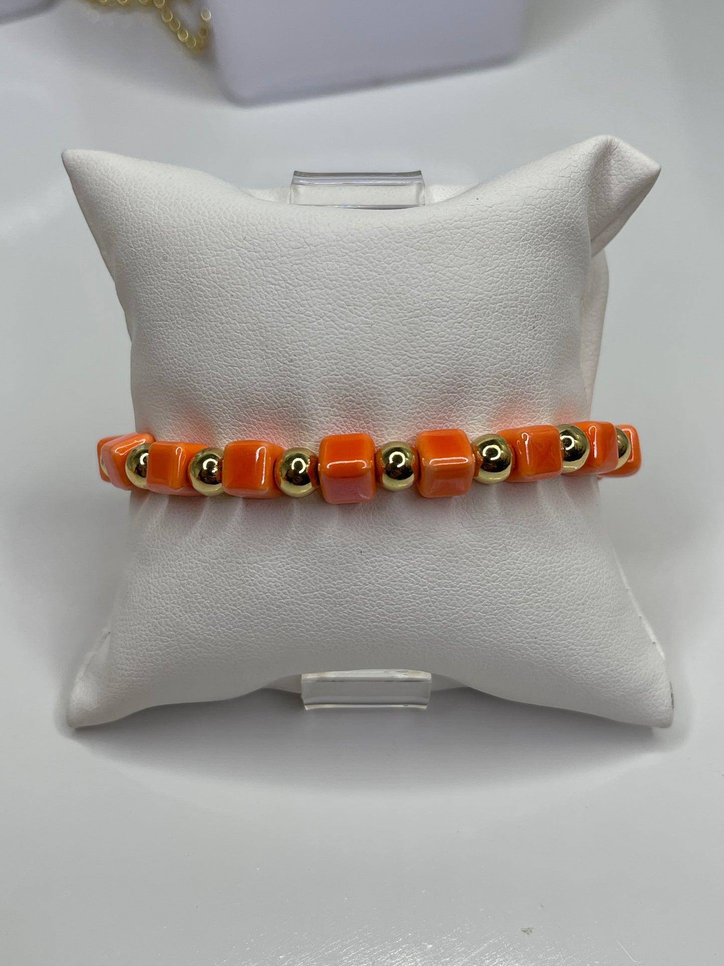 Beaded Arm Candy Bracelets Orange and white Polka Dot set