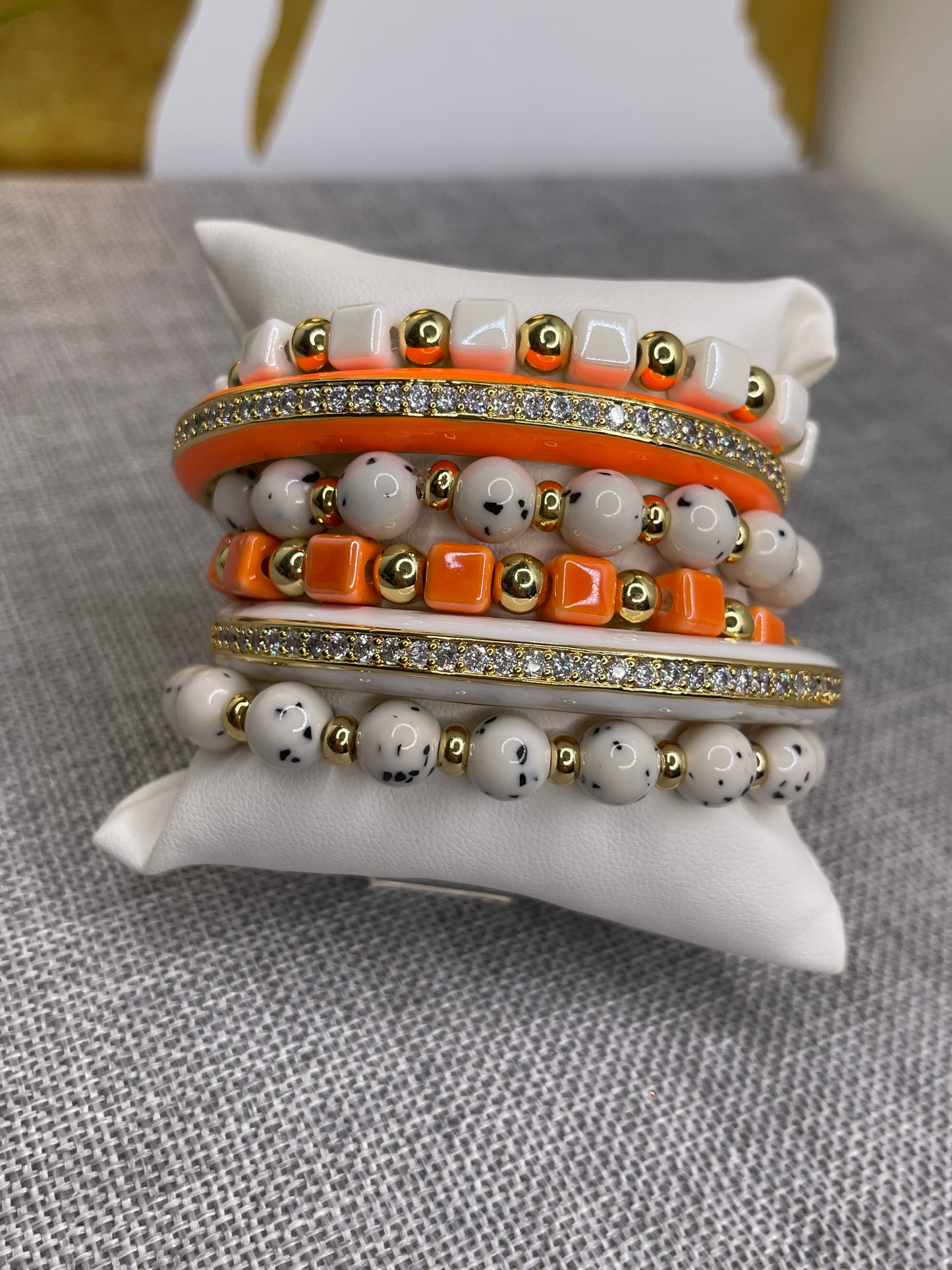 Beaded Arm Candy Bracelets Orange and white Polka Dot set