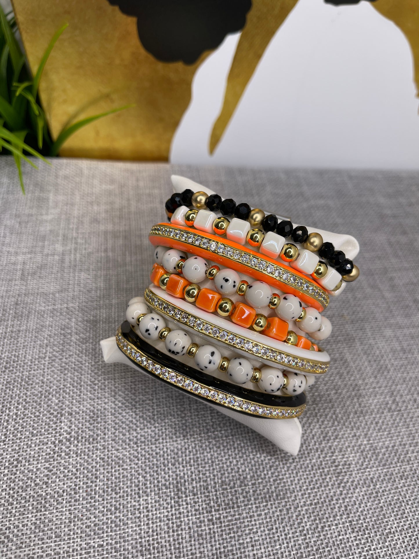 Beaded Arm Candy Bracelets Orange and white Polka Dot set