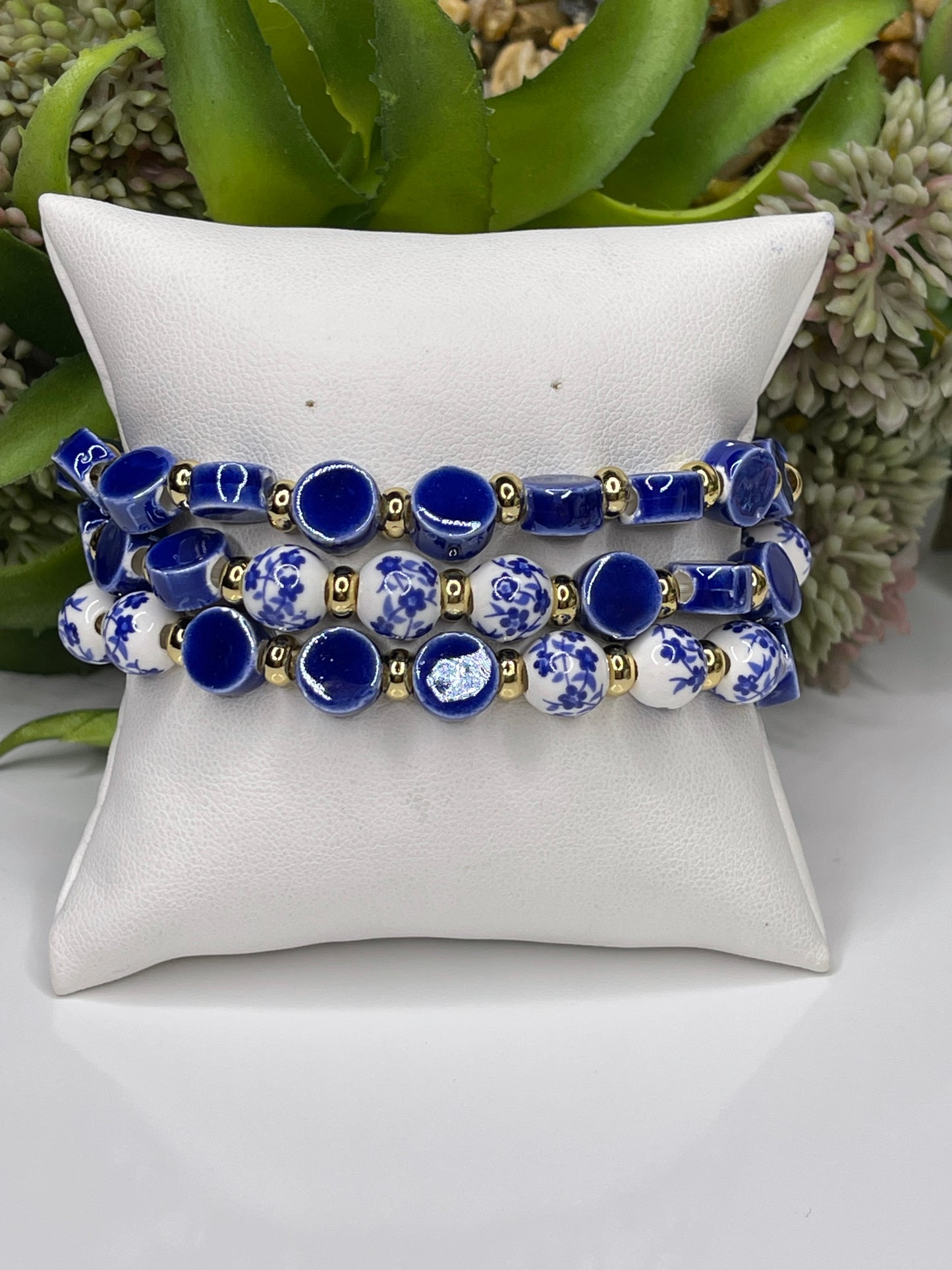 Stackable Blue Beaded / Gold beaded bangle