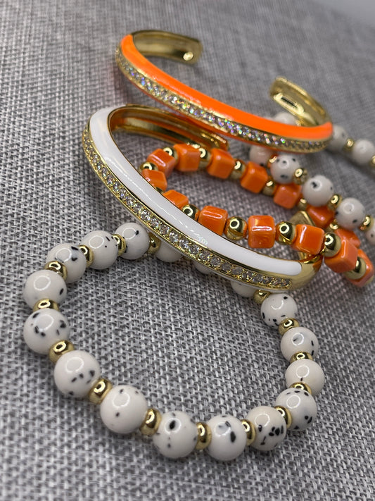 Beaded Arm Candy Bracelets Orange and white Polka Dot set