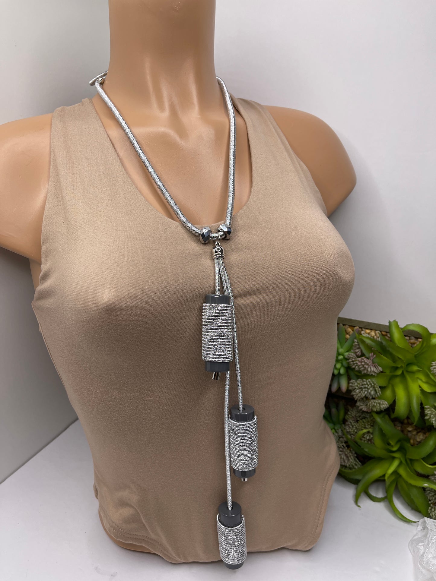 Long Silver Necklace Set