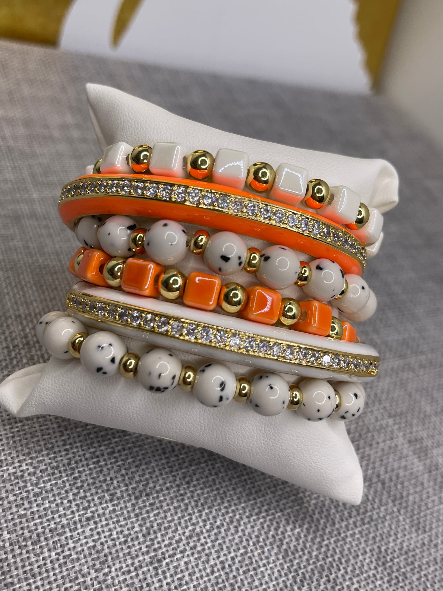 Beaded Arm Candy Bracelets Orange and white Polka Dot set