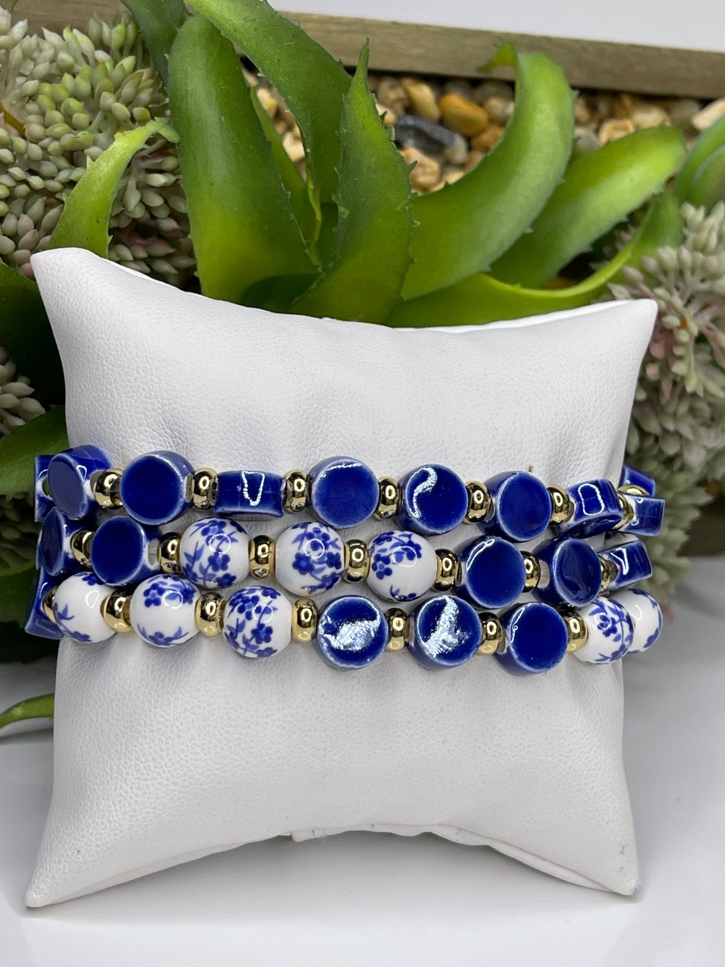 Stackable Blue Beaded / Gold beaded bangle