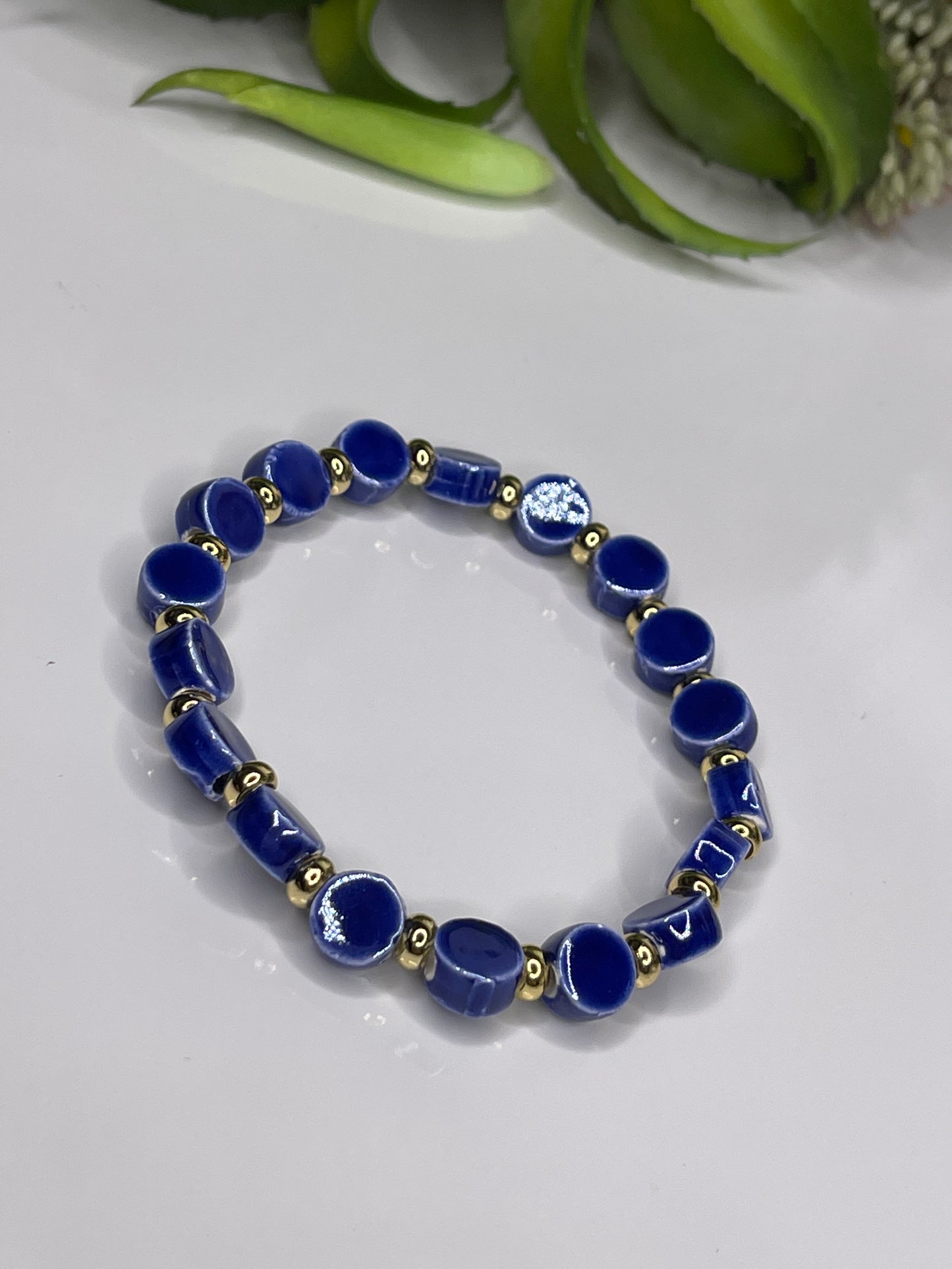 Stackable Blue Beaded / Gold beaded bangle