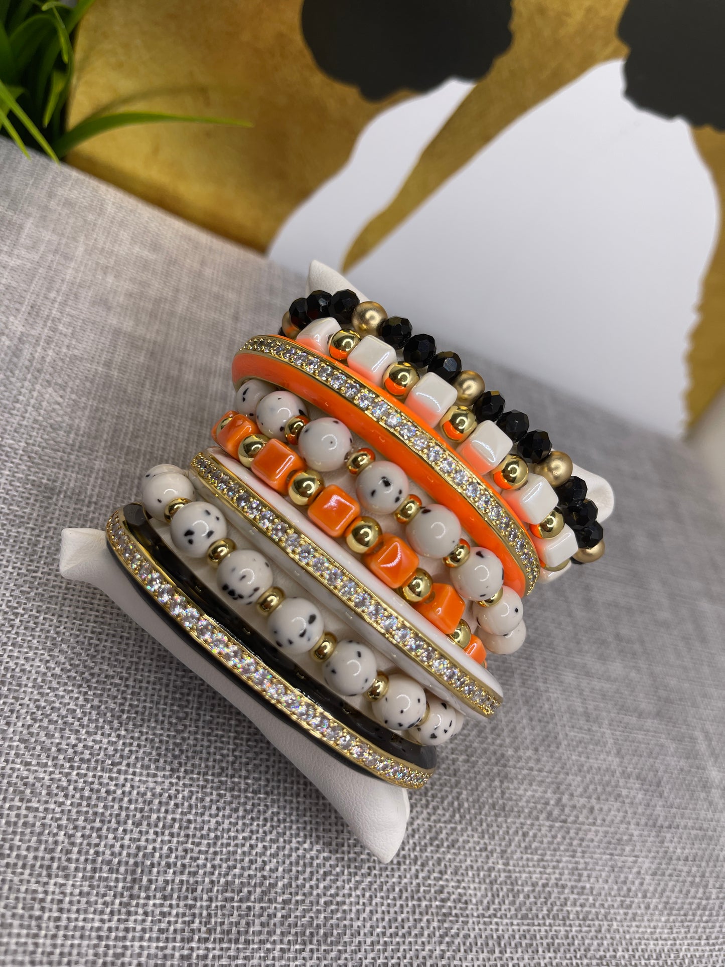 Beaded Arm Candy Bracelets Orange and white Polka Dot set