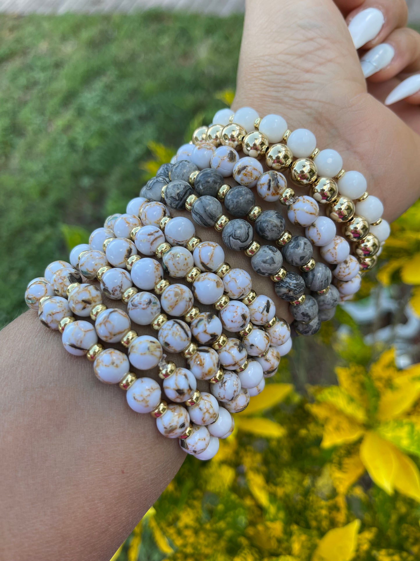 Sassy Agate white and Gold Beaded 18k stretch Bracelets