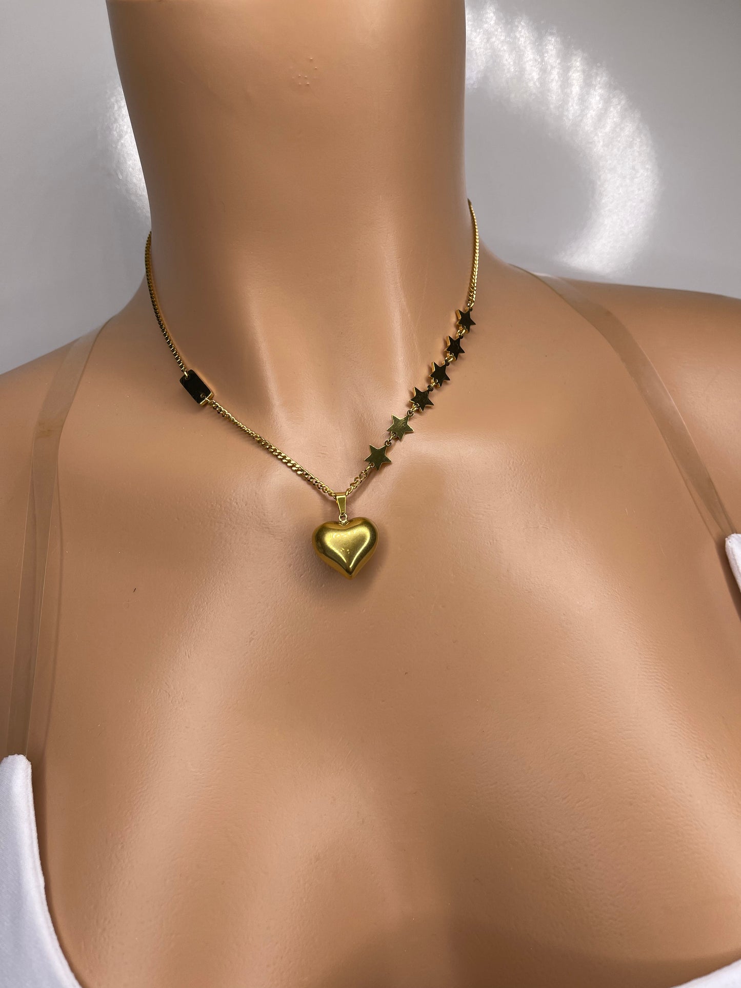 Gold Heart and Stars Necklace Heart,  Heart chain