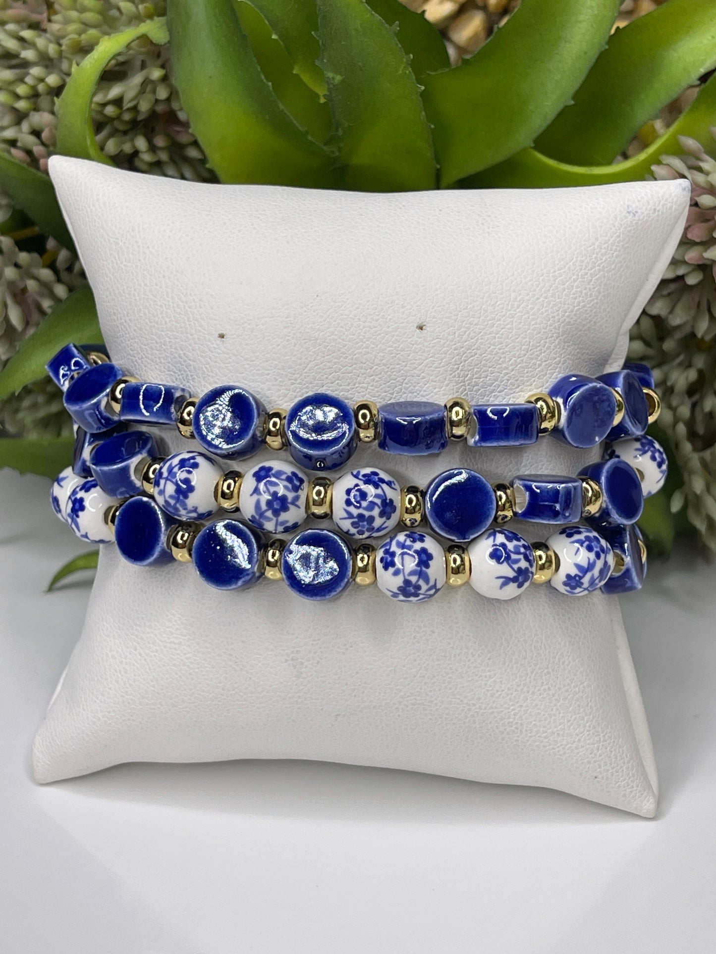 Stackable Blue Beaded / Gold beaded bangle