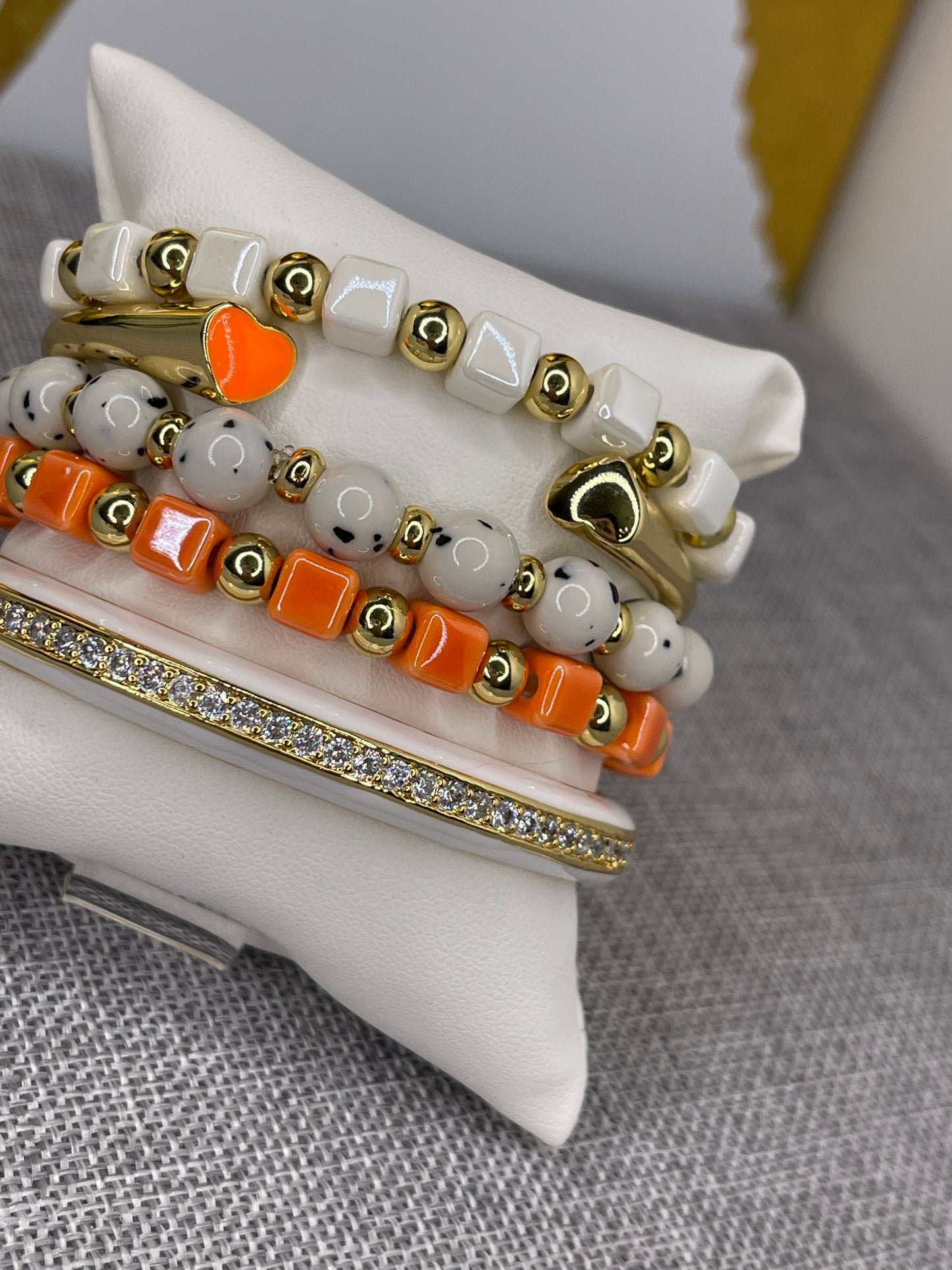 Beaded Arm Candy Bracelets Orange and white Polka Dot set