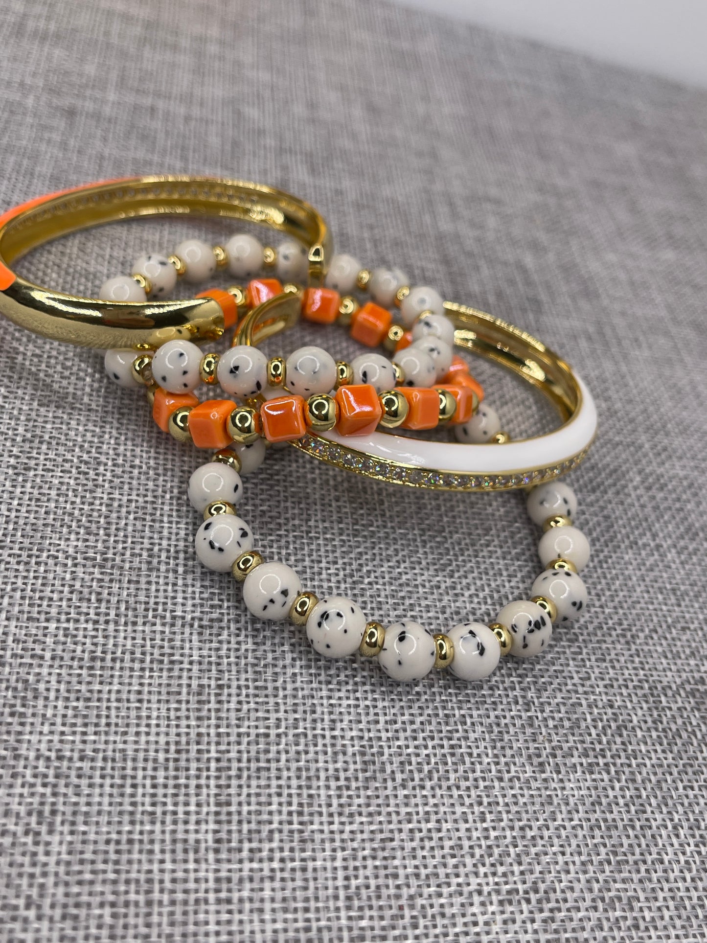 Beaded Arm Candy Bracelets Orange and white Polka Dot set