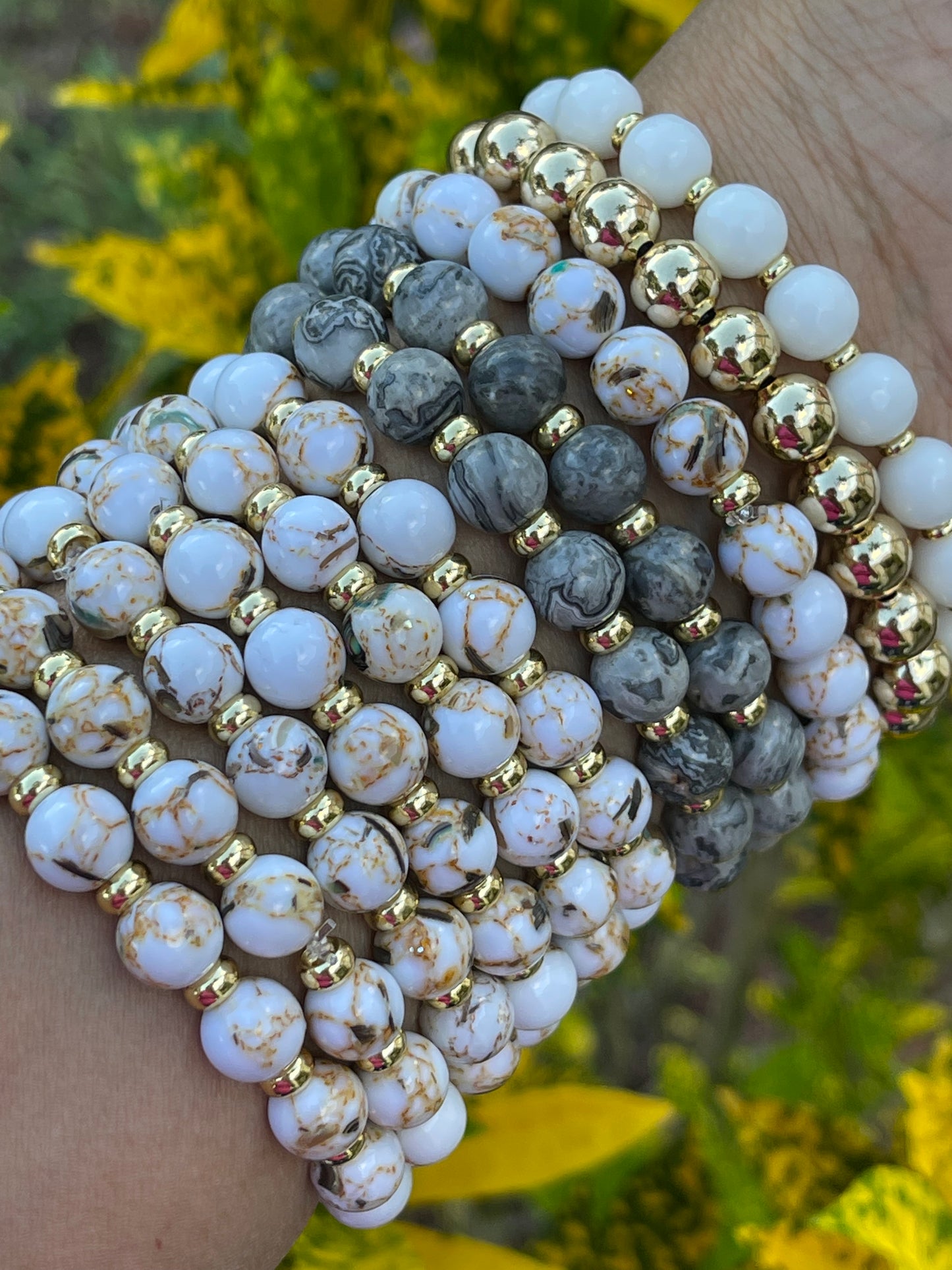 Sassy Agate white and Gold Beaded 18k stretch Bracelets