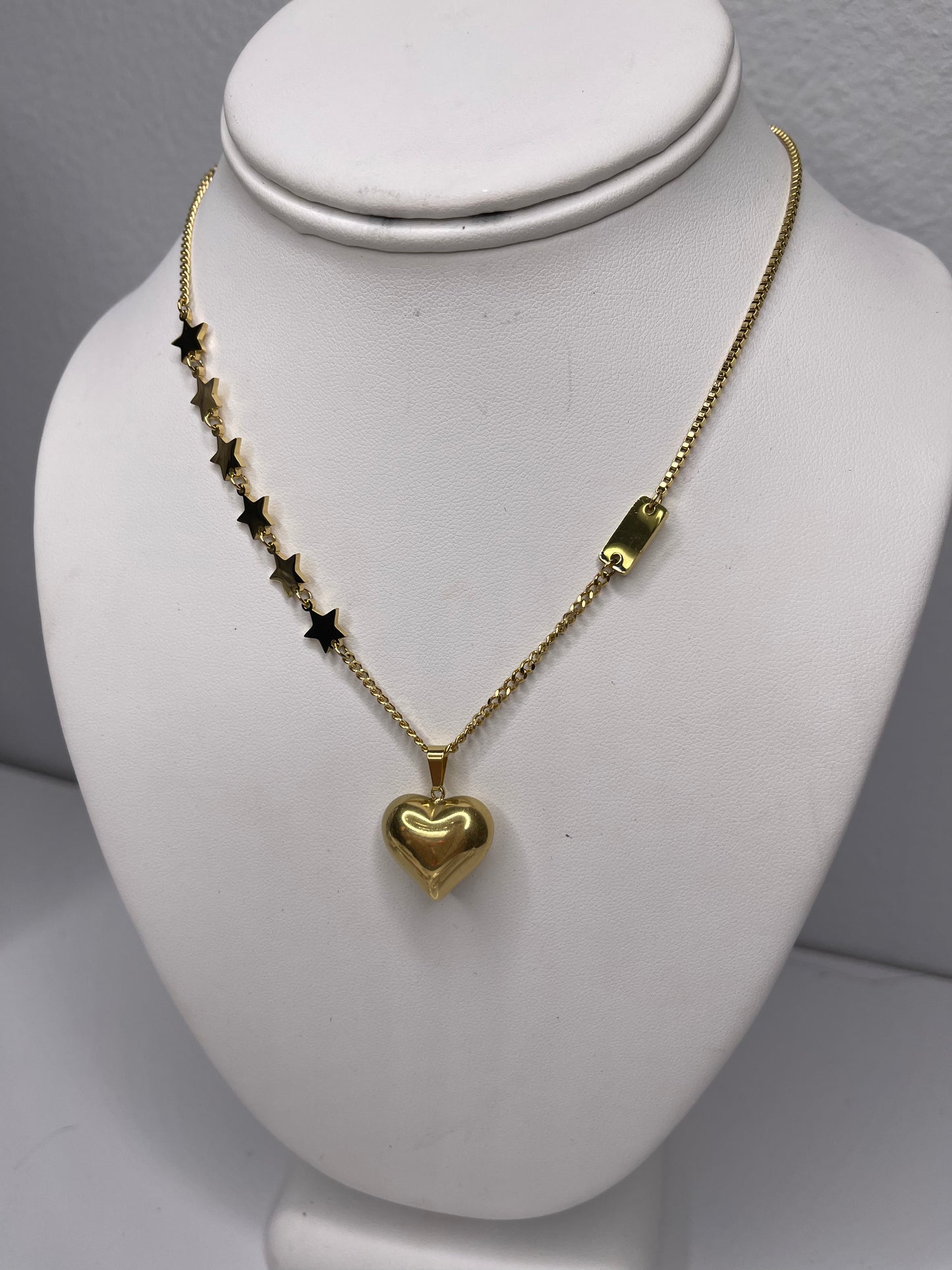 Gold Heart and Stars Necklace Heart,  Heart chain