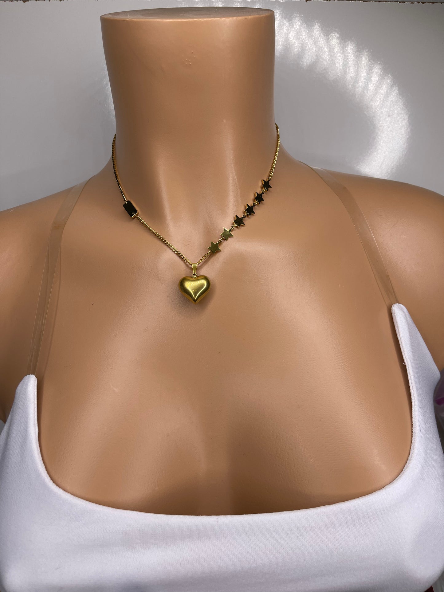 Gold Heart and Stars Necklace Heart,  Heart chain