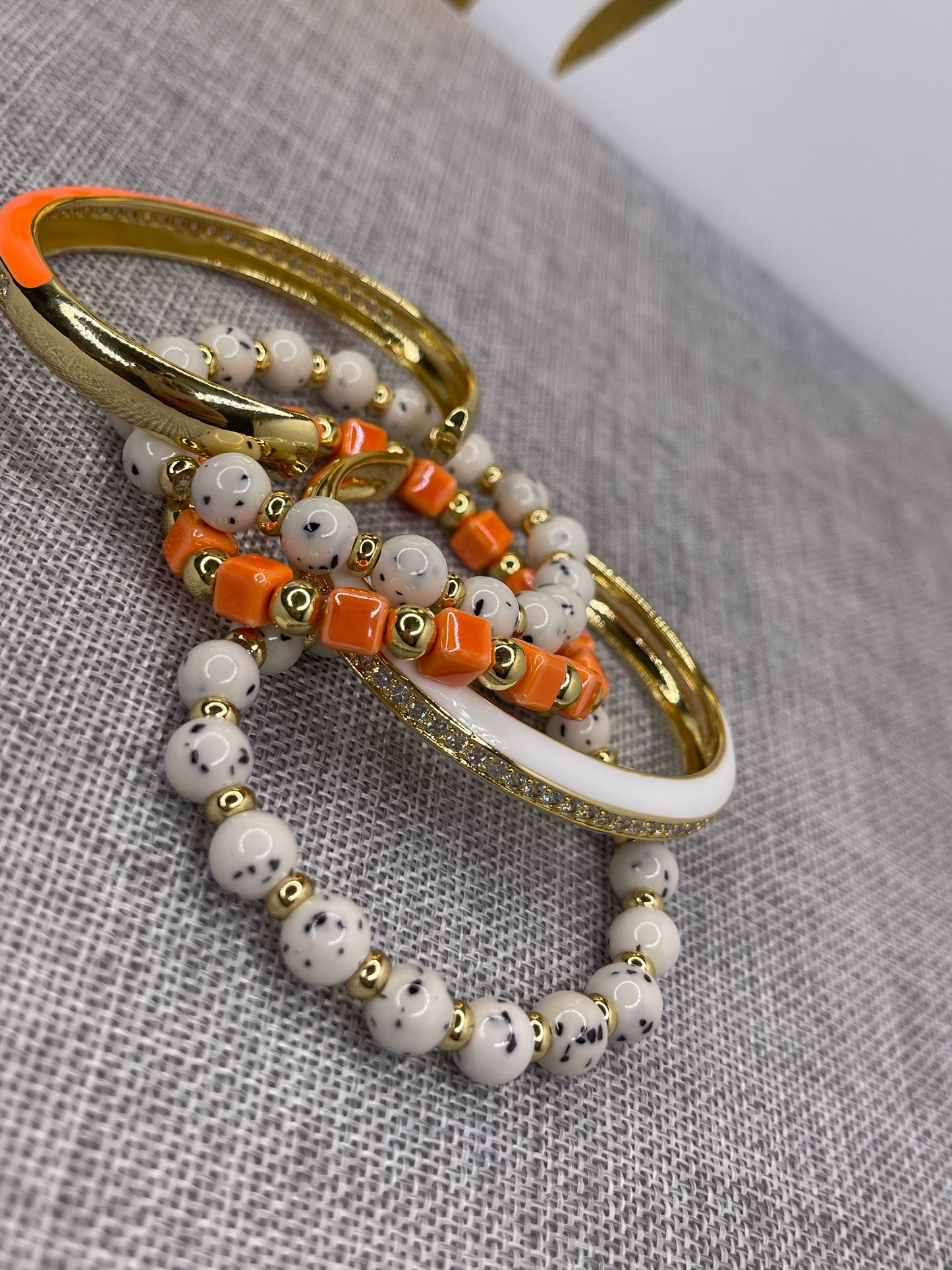 Beaded Arm Candy Bracelets Orange and white Polka Dot set