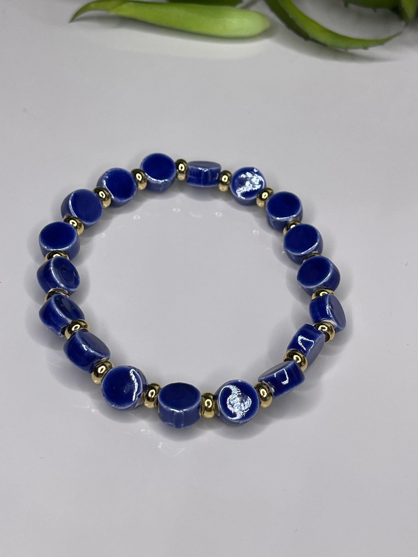 Stackable Blue Beaded / Gold beaded bangle