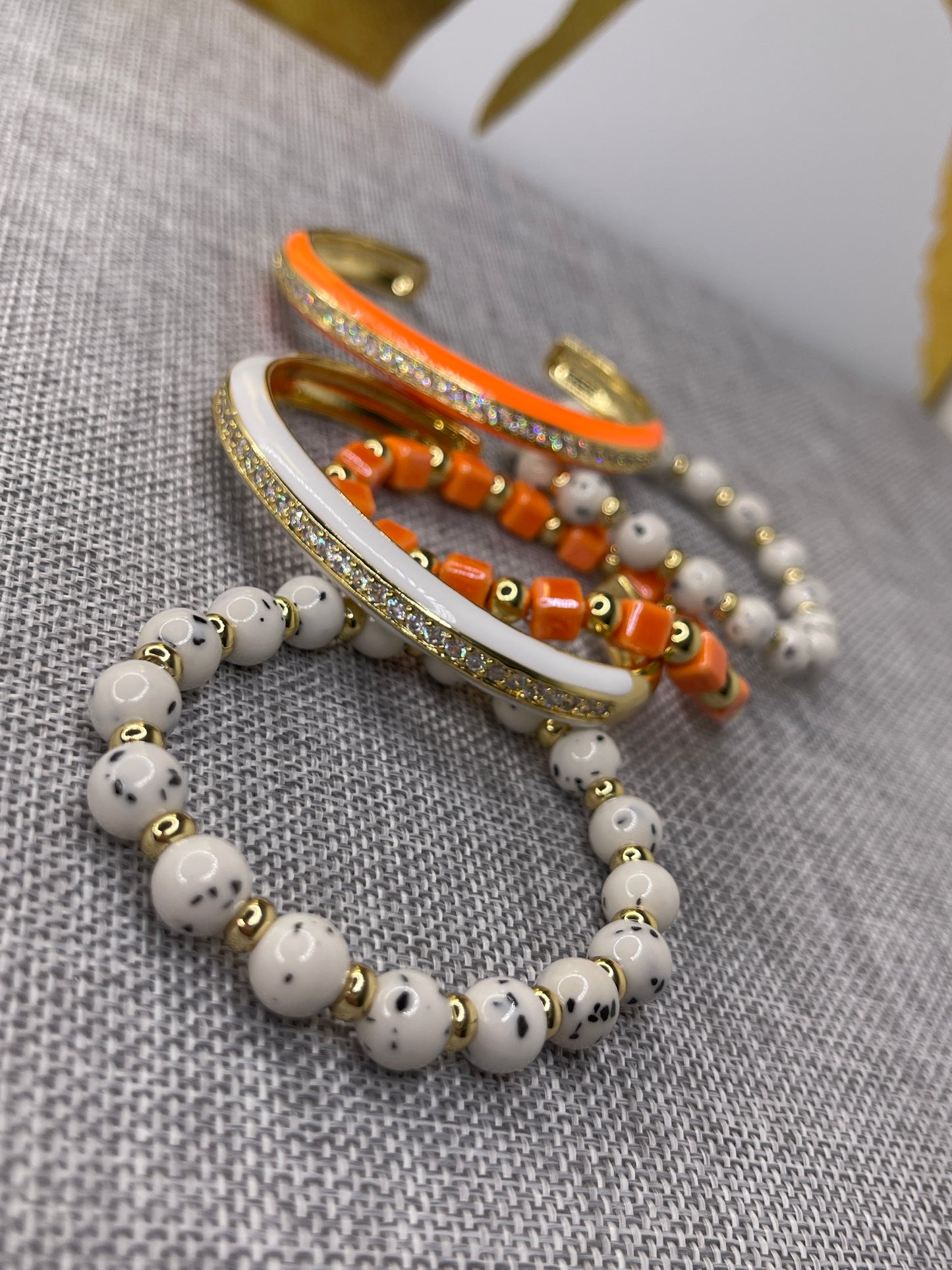 Beaded Arm Candy Bracelets Orange and white Polka Dot set